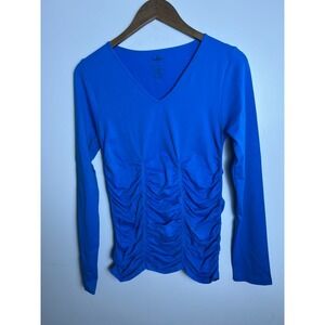Belldini Wm Blue Ruched Long Sleeve V-Neck Top L Stretchy Athleisure Active Wear